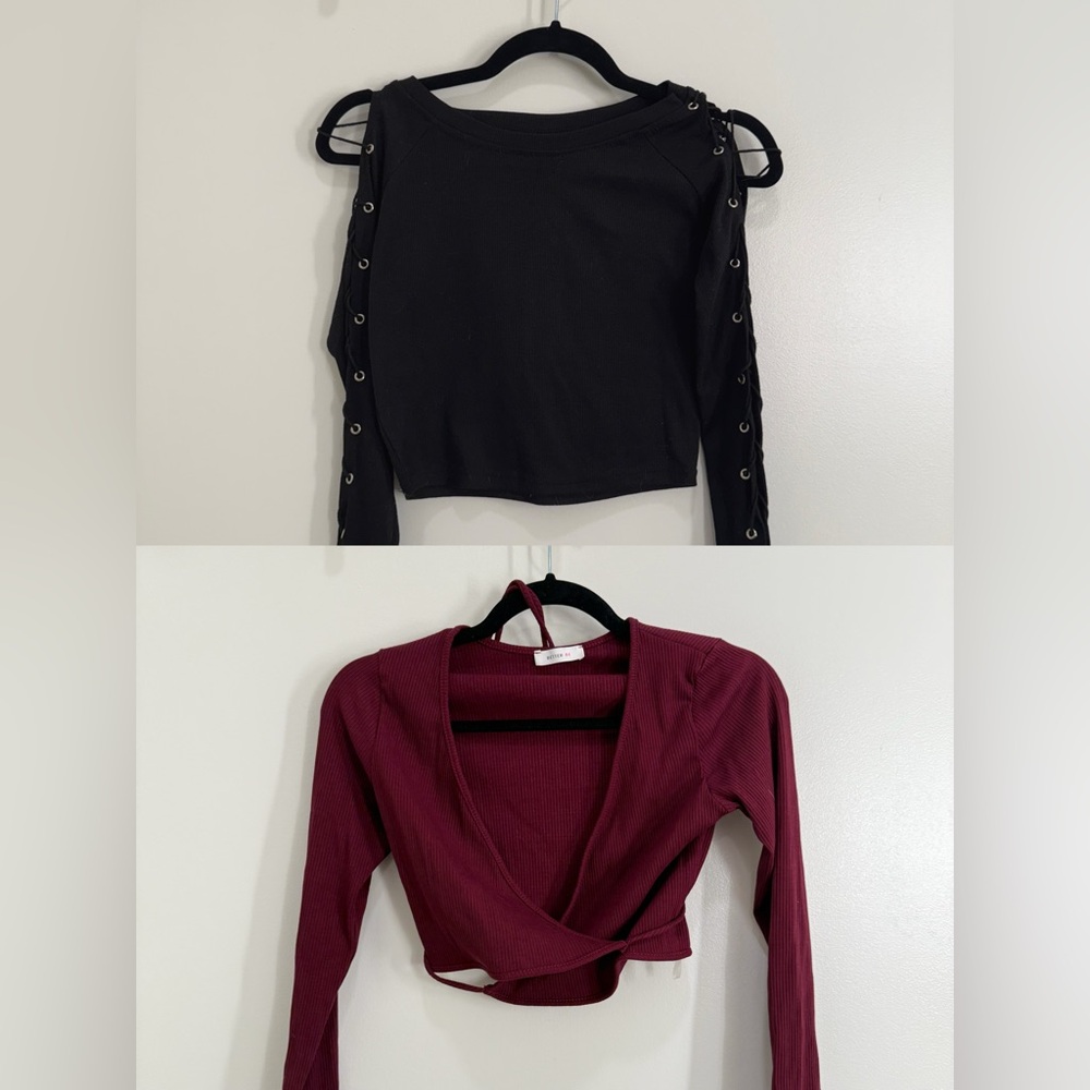 Two tops - burgundy warp top and black lace up top